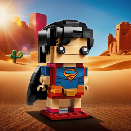 RAW photo, LEGO BrickHeadz supergirl with middle parted black short hair, in a desert <lora:lego_v1.1:0.8>, (high detailed skin:1.2), 8k uhd, dslr, soft lighting, high quality