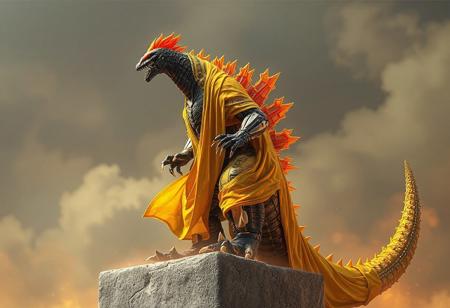 "Featured on Artstation, this 2019 myminifactory creation showcases a Mecha-inspired Godzilla, sitting atop a cement block, draped in golden oil and vibrant, gradient glass art (yellow to red), inspired by Uragami Gyokudō and Tōichi Katō. The character, with spiky orange hair, stands in a dynamic action pose. The high-res, 4K artwork boasts vivid emotions, sharp lines, stunning colors, and lifelike details. Rendered with Octane and Unreal Engine 5, it showcases captivating lighting, intricate details, and a powerful message. Trending on Artstation, this cinematic, hyperrealistic oil on canvas painting excels in photo realism, with 8K detail post-processing."