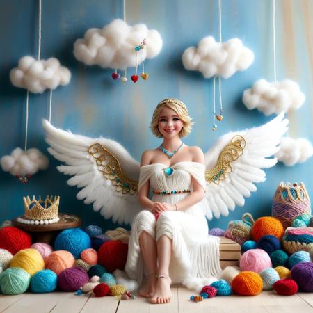 yrnwrld, a woman, blonde hair, white wings, barefoot, solo, angel, jewelry, white dress made of yarn, anklet, angel, wings made of yarn, short hair, full body, bare shoulders, looking at viewer, clouds background, feathered wings, toes, blue eyes, feet, bracelet, braid, smile, gem,sleeveless, armlet, crown made of yarn, closed mouth, realistic, photorealistic, lips, pants, flying, bracer, floating, toe ring, necklace