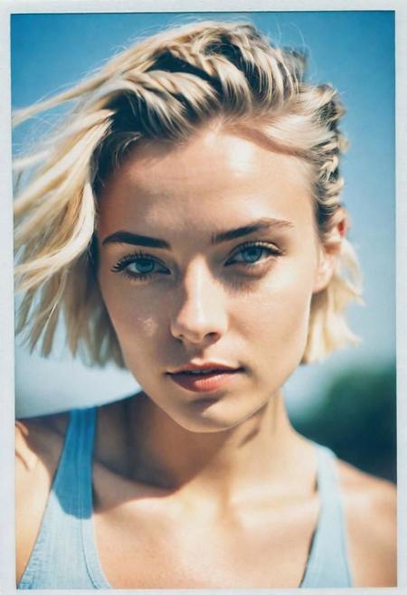 polaroid photograph Color i-Type Film, portrait, 1 girl, blonde, short hair with small braids, perfect eyes, pointed jaw, sky blue cropped tank top, white wall in the background, natural light.