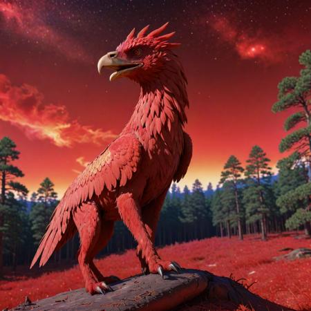 anime key visual, elegant, medium close-up shot of a (Griffin:1.3) , it is very Unforgettable and Violent, centered Red background, Bedouin forest and Radio galaxy in background, Summer, FOV 90 degrees, (by Yoshitoshi Abe:1.3) , Maximalist, Light and Bright, Magical Realism, side lit, F/8, Fujicolor, Complex background, behance, RTX, extremely hyper aesthetic