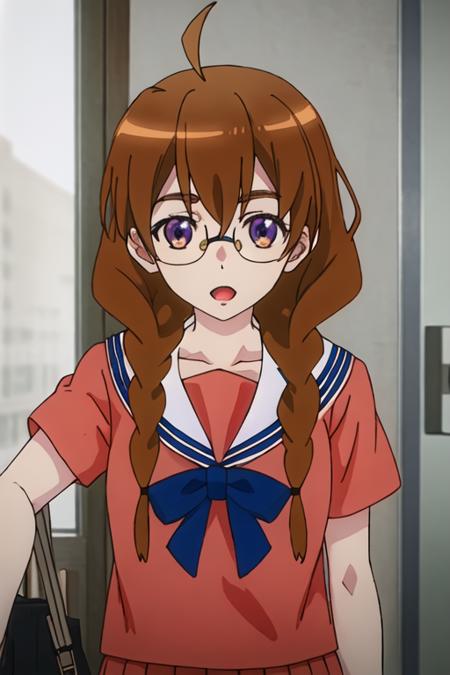 best quality, masterpiece, highres, solo, {sekine_4ninwasorezoreusootsuku:1.15}, brown_hair, glasses, braid, twin_braids, long_hair, ahoge, purple_eyes, serafuku, brown_eyes, 1girl, hair_between_eyes, looking_at_viewer, open_mouth, bangs, shirt, white_shirt, anime_coloring