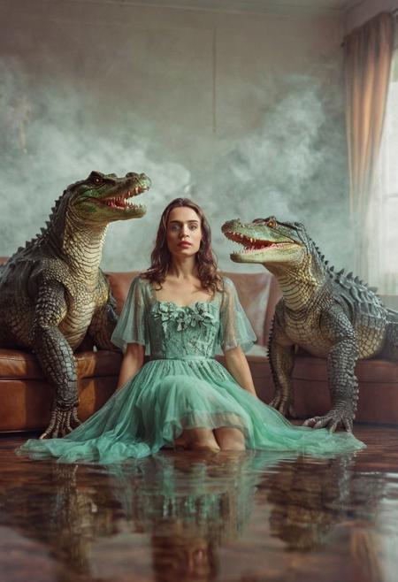their peaks veiled photography, high detail, hyperrealistic, white wall background, three people, friendly crocodile in a dress, studio lighting in mist. mixed media, surrealism, great lighting, A surreal landscape highly detailed . Olivia De Berardinis style, alberto Vargas style, Ernest  looking  trapped in an optical illusion of reflections and refractions colorful , professional photography, natural lighting, volumetric lighting maximalist. intricately detailed, complex, elegant, expansive, fantastical, film photography style,  heavy grain