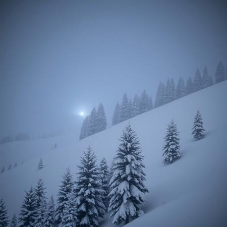 Snowy Hills, Pines Trees, Heavy Snowfall, Nighttime