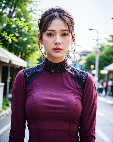 a woman posing on the street corner with red dress on, best quality, 1girl, large breast, day, bright, blur background, bokeh, outdoor, (street:0.8), (people, crowds:0.8), (elegant clothes, red high-neck clothes:1.2, red long sleeves dress: 1.5), gorgeous, (hair up:1.5),(floating hair:1.2), beautiful detailed sky, (dynamic pose:1), (upper body:0.8), soft lighting, wind, shiny skin,  sword, saber, <lora:TokuGirl_Reika_Mei_v1.0:0.65>