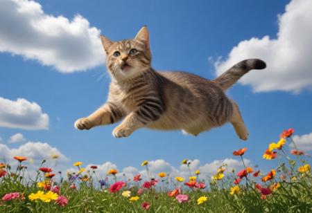 Highly detailed photograph of a tabby kitten leaping through the air above a field of colorful flowers. Side view. Floppy ears, floppy tongue, big eyes, very cute, very happy, joyful. Blue sky with fluffy clouds. Bright sun, (god rays).