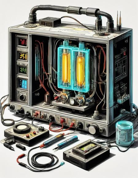 isometric diagram of a boxy flux capacitor with exposed vacuum tubes and an oscilloscope and digital display wiring electric glow color ink and pencil cutout and cross section details in the margins