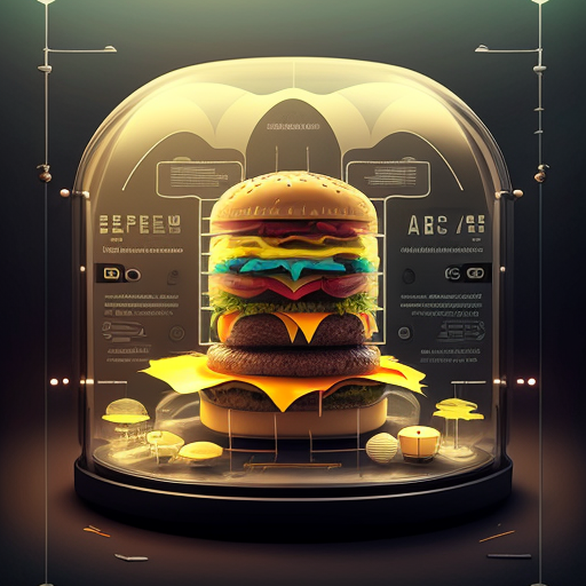 (knollingcase:0.5), a hamburger, display case, labelled, overlays, oled display, annotated, annotations, technical, knolli...