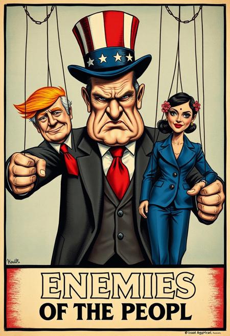 world war I military propaganda poster showing the "enemies of the people", the caricature drawing in the style of a gravure depicts an evil greedy capitalist with 3 piece suit and a American flag top hat who is controlling two puppets, one puppet is of an old white man with orange hair and red tie resembling Trump, the other puppet is that of a tanned short haired tamil indian woman wearing a blue western suit resembling kamala harris, the a title at the bottom that reads "Enemies of the People"