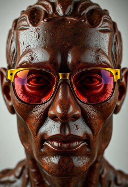 "Create a hyper-realistic image of a face composed of volcanic colored glass, with a rich, molten texture and a deep, earthy hue. The face is intricately detailed, with every facet and imperfection visible. The glass is carefully shaped to form a realistic facial structure, with subtle curves and angles that evoke a sense of depth and dimension. The face is wearing a pair of glasses with primary colored lenses - red, yellow, and blue - which add a pop of vibrant color to the image. The glasses are precisely rendered, with every detail from the frames to the lenses meticulously captured." highest-Quality, 8 k, intricate details, visually stunning, Masterpiece