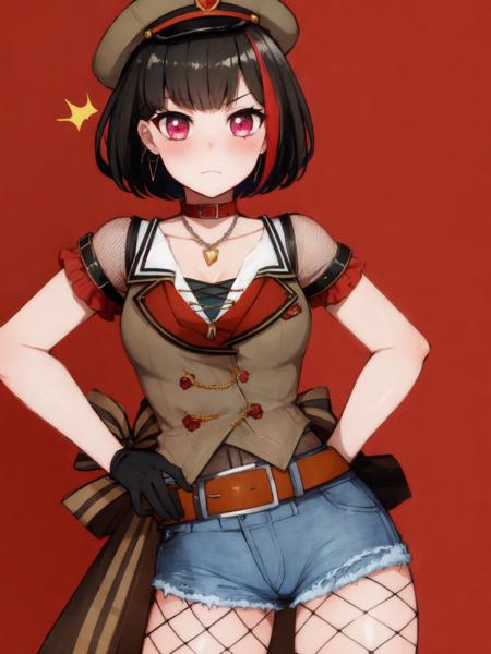 SLE, mksks style, detailed background absurdres, highres, (simple background, red background), cowboy shot, <lyco:GoodHands-beta2:1.0>,
BREAK solo, 1girl, <lora:Mitake Ran:1>, mitake ran, bob cut,
BREAK eye contact with ran, short sleeves, shorts, gloves, pantyhose, hat, (fedora, white headwear), earrings, black gloves, jewelry, fishnets, choker, fishnet pantyhose, buttons, red shirt, belt, short shorts, blue shorts, hoop earrings, red shirt, puffy short sleeves, puffy sleeves, red choker, pendant, denim shorts, denim, collared shirt, double-breasted, black choker, necklace, light brown jacket, closed jacket
BREAK standing, hand on hip, looking at viewer, facing viewer, v-shaped eyebrows, frown, blush, contrapposto