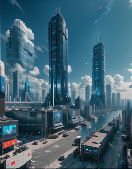 <lora:CW_03_lunis_sdv2:1> lunisdst. This photo depicts a sprawling futuristic city under a bright blue sky filled with fluffy clouds. The scene is dominated by an enormous, sleek skyscraper with glowing blue lights and complex geometric designs, towering far above the other high-rises in the background. The architecture features a mix of glass and metal, creating a glossy, ultra-modern look throughout the skyline.
In the foreground, thereâs a large, open plaza or terminal area with multiple lanes and modular structuresâpossibly a transportation or logistics hubâlined with low-rise commercial buildings. The streets are clean and orderly, with a few vehicles and sparse pedestrian activity, giving the city a calm, efficient atmosphere. The lighting is bright and clear, suggesting midday, and thereâs a surreal, slightly cinematic feeling to the composition due to the sharp reflections and slight lens distortion in the sky. The overall vibe is very "sci-fi metropolis meets grounded realism.