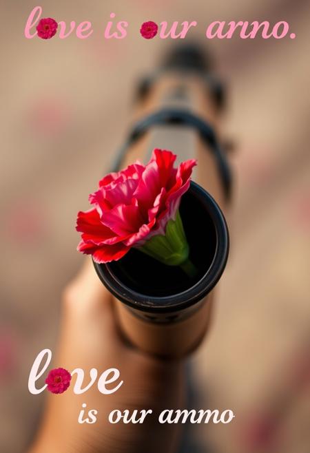 carnation, a single vividly colorful flower in the mouth of a gun's barrel, extreme close up, fashion photography, billboard, with a flowery text that reads "love is our ammo"
