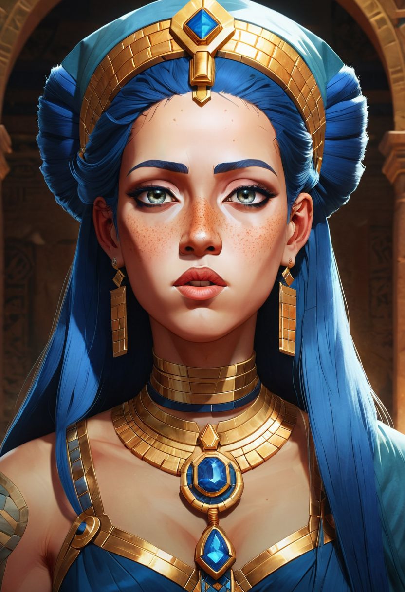 female pharao by Rossdraws, freckles, blue hair, watercolor painting by Wlop and Jan Vermeer, intricate, cinematic lighting, highly detailed, smooth, arcane, amazing beauty, complementary colors, dynamic masterwork by head of prompt engineering
