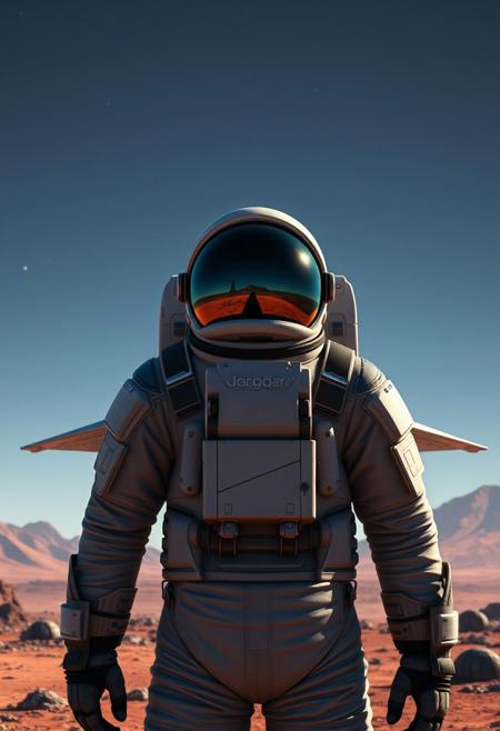 A full suit astronaut (visor is fully reflective and cannot be seen through) standing in front spaceship that recently landed on new planet, he is looking over the horizon. Set in the art style of the video game no man's sky. Have the camera further back. And have the spaceship similar style to an x-wing from star wars, more horizontal.