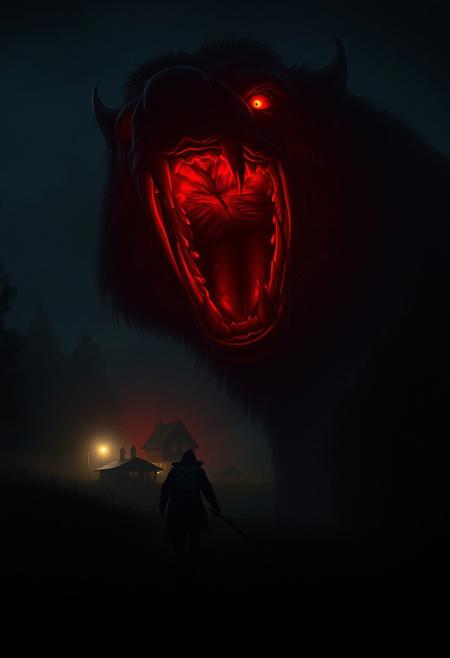 surreal scene, in the distance werewolf giant in the countryside, open red maw, creepy eyes, horrors, houses, pitch darkness, fog, airy, night, forest, intricate details, hyper-realistic, hyper-detailed, ultra-sharp, professional photoshoot, moody chiaroscuro lighting, vivid color