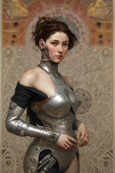 Cyborg android, fantasy, pre-raphaelite style, sinozick, Alphonse Mucha, Agostino Arrivabene, Peter Mohrbacher