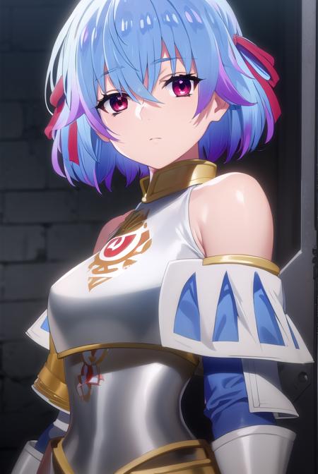 rutiragnason, <lora:ruti ragnason s1-lora-nochekaiser:1>,
ruti ragnason, short hair, (red eyes:1.3), ribbon, blue hair, hair ribbon, ahoge,
BREAK dress, bare shoulders, detached sleeves, armor, breastplate,
BREAK outdoors,
BREAK looking at viewer, (cowboy shot:1.5),
BREAK <lyco:GoodHands-beta2:1>, (masterpiece:1.2), best quality, high resolution, unity 8k wallpaper, (illustration:0.8), (beautiful detailed eyes:1.6), extremely detailed face, perfect lighting, extremely detailed CG, (perfect hands, perfect anatomy),