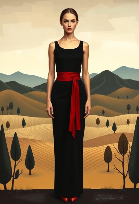 A full-length portrait of a woman in a black high-waisted dress with a deep red sash, standing in front of a stylized landscape with geometric trees, patterned hills, and a muted sky. Her body posture is confident yet introspective, with strong facial structure and painterly contrast between figure and background. vivid style