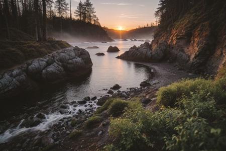 raw photo, a sunset landscape, oregon coast, granite beach, forested cliffs, cozy, photorealistic, high detailed texture, 8k uhd, dslr, soft lighting, high quality, film grain, Fujifilm XT3, Sony A7 IV, highly detailed photography, (muted colors, cinematic, dim colors, soothing tones:1.2), vibrant, insanely detailed, hyperdetailed, (dark shot:1.2), (vsco:0.3), (intricate details:0.9), (hdr, hyperdetailed:1.2) (highest coherency: 1.39) (highest quality: 1.39) (rule-of-thirds) (award-winning) (masterclass)
