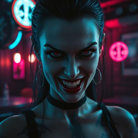 half body shot of a vampiress with european pale face and red eyes, dark hair, prominent and slightly aquiline nose with a straight bridge and a refined tip, bulgarian, with a very evil and demonic look, she must be gothic, dark, mouth slightly open and (showing her vampire fangs:1.1), she has tattoos with strange ancient symbols (maybe runic), inside a cyberpunk style pub at night, cyan light at her left, magenta light at her right, realistic, detailed, 8K