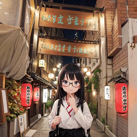 best quality, ultra-detailed, illustration,
1girl, glasses, solo, black hair, long hair, smile, looking at viewer, upper body, face focus,
houzenji yokocho, gate, osaka, japan, lantern, paper lantern, outdoors, scenery, night, storefront, alley, road, bag, street, 
 <lora:houzenji_yokocho_SD15_V1:0.8>