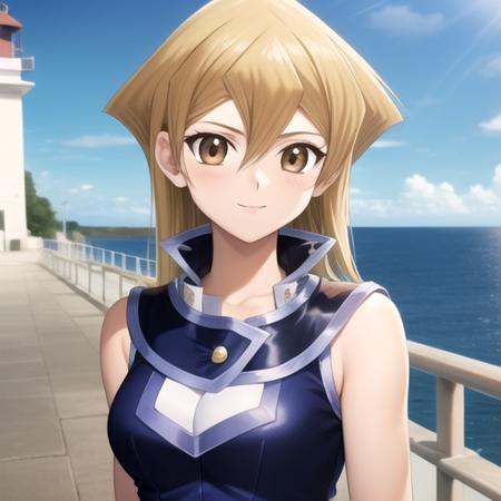 ((masterpiece)),(best quality),official art,extremely detailed CG,unity 8k wallpaper,ultra detailed,A lighthouse on a cliff by the sea,1girl,solo,upper body,(portrait:1.2),looking at viewer,tenjouin asuka,duel academy uniform (yu-gi-oh! gx),long hair,smile,fingerless gloves,brown eyes,sleeveless,blonde hair,blue skirt,blue gloves,medium breasts,miniskirt,shiny hair,school uniform,brown hair,hair between eyes,blue footwear,<lora:Tenjoin Asuka(ygo)>,