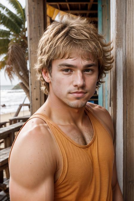 (close-up) (headshot) of frtbrt_sn <lora:fratbrat_sean-10:0.75> posing inside a weathered surf shop, wearing (orange:0.5) tank top, light bokeh, blurred background, golden hour, natural light, sunlight, contemplative expression, (head tilt:0.5), (playful smirk:0.5)