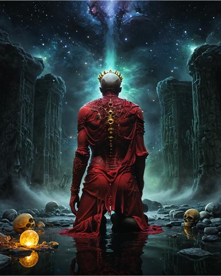 lich wearing a crown kneeling facing away from camera before a marble crypt, water, reflections, blood, realistic photo, hard science fiction, technology,  deepest black space, stars, colorful nebula, glowing runes, white skulls, jewels, brilliant color, scarlet, indigo, crimson, yellow, green, <lora:add-detail-xl:0.75>,  <lora:xl_more_art-full_v1:0.5>   , ziprealism,   <lora:sdxl_lora_beksinski:0.8> b3ks1n