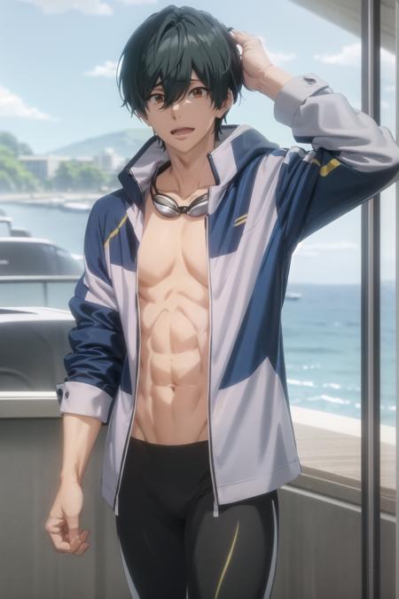 kirishima ikuya\(free!\), black legskin, swim trunks, solo, 1boy, hair between eyes, looking at viewer, brown eyes,  black hair, green hair, male focus, topless male, blue jacket, goggles, goggles around neck, navel, open clothes, open jacket,