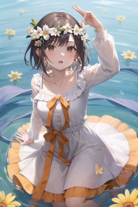 <lora:ShinonomeEna-09:0.6>shinonome ena, 1girl, solo, short hair, open mouth, brown hair, hair ornament, long sleeves, dress, ribbon, brown eyes, collarbone, flower, frills, parted lips, barefoot, hair flower, white dress, arm up, bug, looking up, white flower, butterfly, yellow ribbon, yellow flower, head wreath, orange flower, orange ribbon, flower wreath