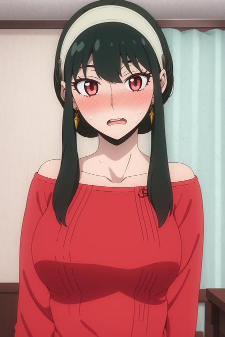 <lora:çº¦å°3V:1>,yor briar, 1girl, blush, black hair, hairband, jewelry, earrings, open mouth, solo, wide-eyed, sidelocks, red sweater, upper body, sweater, surprised, bangs, collarbone, off shoulder, white hairband, bare shoulders, indoors, long hair, gold earrings, sweat, looking at viewer, short hair with long locks, breasts, Exquisite visuals, high-definition,masterpiece,best quality,Exquisite visuals,high-definition,masterpiece,best quality,18yo,Young female,Beautiful Fingers,Beautiful long legs,Beautiful body,Beautiful character design,