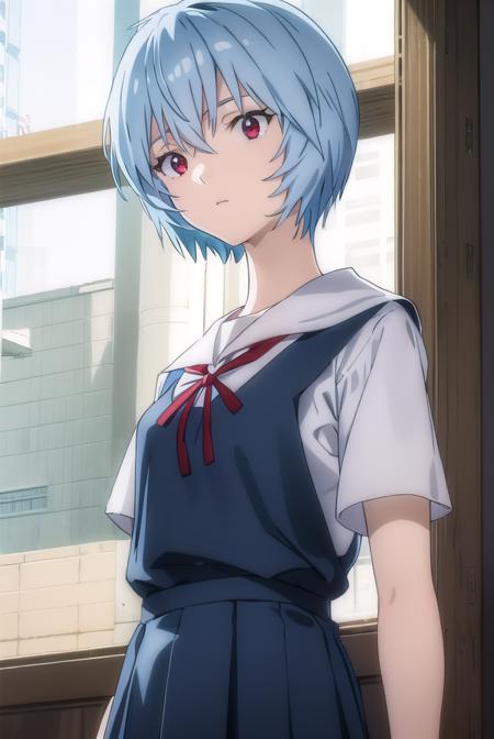 reiayanami, <lyco:rei ayanami rebuild-lyco-nochekaiser:1>, 
rei ayanami, (ayanami rei:1.2), blue hair, short hair, (red eyes:1.3),
BREAK skirt, shirt, ribbon, (school uniform:1.5), white shirt, short sleeves, red ribbon, neck ribbon, (tokyo-3 middle school uniform:1.5),
BREAK indoors, classroom,
BREAK looking at viewer, (cowboy shot:1.5),
BREAK <lyco:GoodHands-beta2:1>, (masterpiece:1.2), best quality, high resolution, unity 8k wallpaper, (illustration:0.8), (beautiful detailed eyes:1.6), extremely detailed face, perfect lighting, extremely detailed CG, (perfect hands, perfect anatomy),