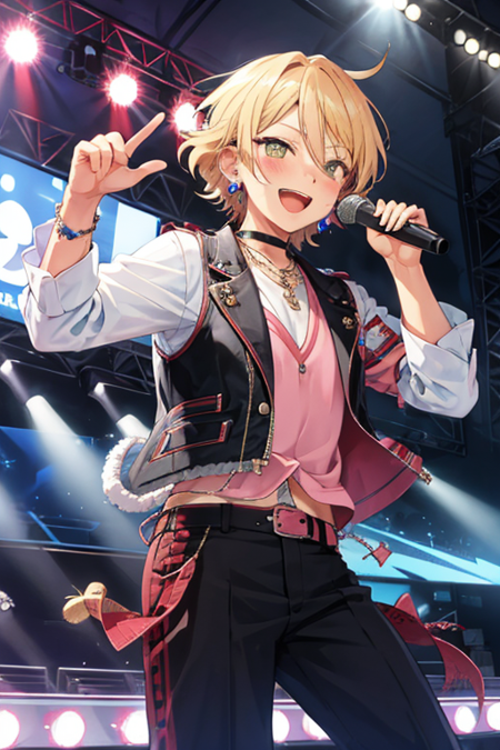 <lora:AiraShiratori-03:0.7> , aira shiratori, solo, looking at viewer, blush, smile, open mouth, blonde hair, 1boy, jewelry, male focus, earrings, choker, necklace, vest, microphone, idol, stage, stage lights