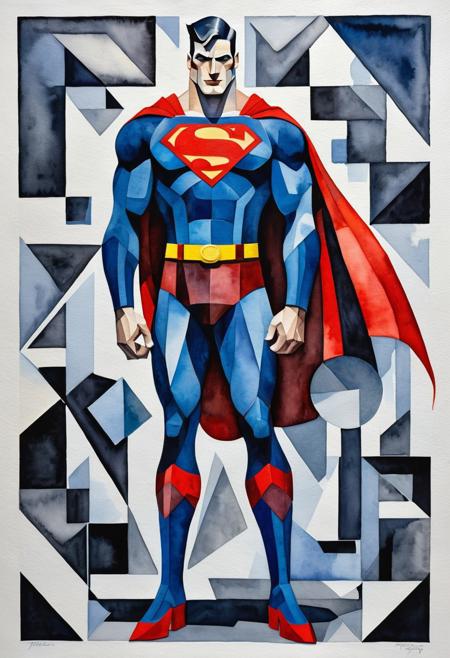 A full-body Long-view Wet-wash watercolour cubism artwork featuring Bizarro, a bizarre cubism inversion of Superman with gray or chalk-white skin. He lives on "the Bizarro world," a cubical planet called Htrae. Picasso-like style.