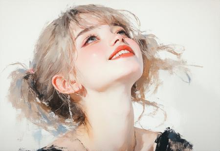 A cherubic 25 year old woman with windblown ash-blonde pigtails and blunt bangs obscuring her brows gazes warmly from an intimate, upward angle, her coral lips parted in a shy, blushing smile. Rendered in oil’s lush impasto with Yoshitomo Nara’s tender whimsy and Monet’s hazy pastels—blush pinks bleed into powder blues across her velveteen cheeks. Diffused light caresses stray gilt hairs framing azure eyes, while faint indigo ink rivulets seep through the ivory backdrop, contrasting the crisp black dress matte folds.