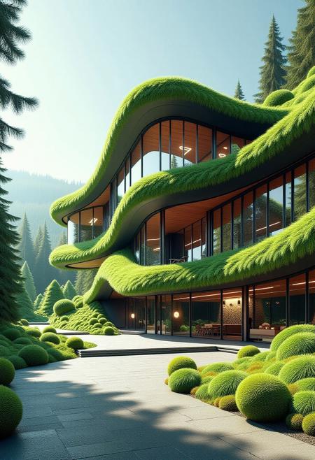 A vibrant, imaginative architectural masterpiece building made out of silver fir needles. The building flows with fluid lines and unexpected angles, creating a sense of movement and energy.
Incorporate large, open spaces filled with natural light. The exterior should be a striking visual statement, blending silver fir needles greenery with sleek, modern metal and glass surfaces, giving the impression that the building is alive and growing.
The overall design should be a breathtaking blend of art and architecture, where every detail serves both aesthetic and functional purposes. This structure should stand as a symbol of forward-thinking innovation, inspiring all who see it with its bold, lively presence and undeniable sense of wonder. fir needle style