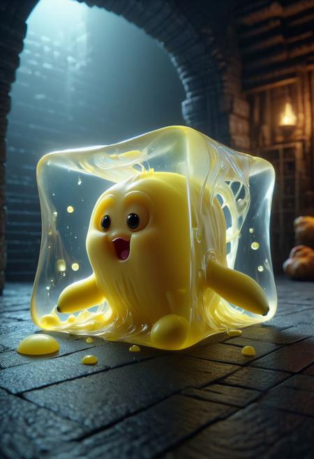 cinematic shot of a fantasy cute little banana inisde GelatinousCube, banana in background, hkstyle, HD, masterpiece, best quality, hyper detailed, ultra detailed, super realistic