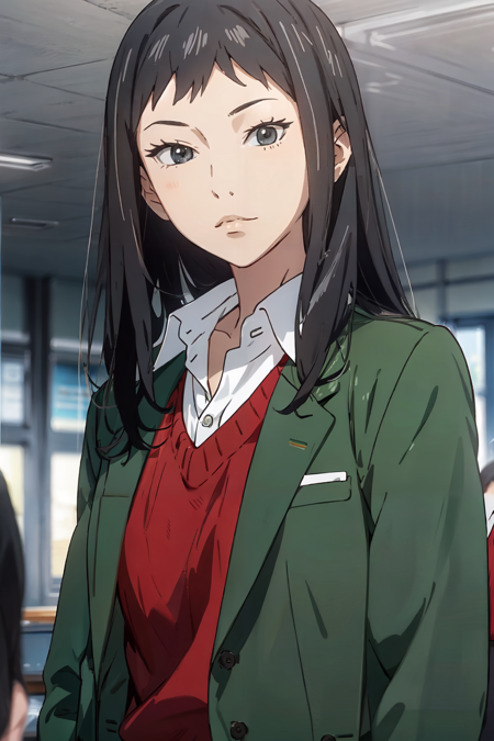 Takako_Chino long hair, school uniform, green jacket, collared shirt,red sweater,