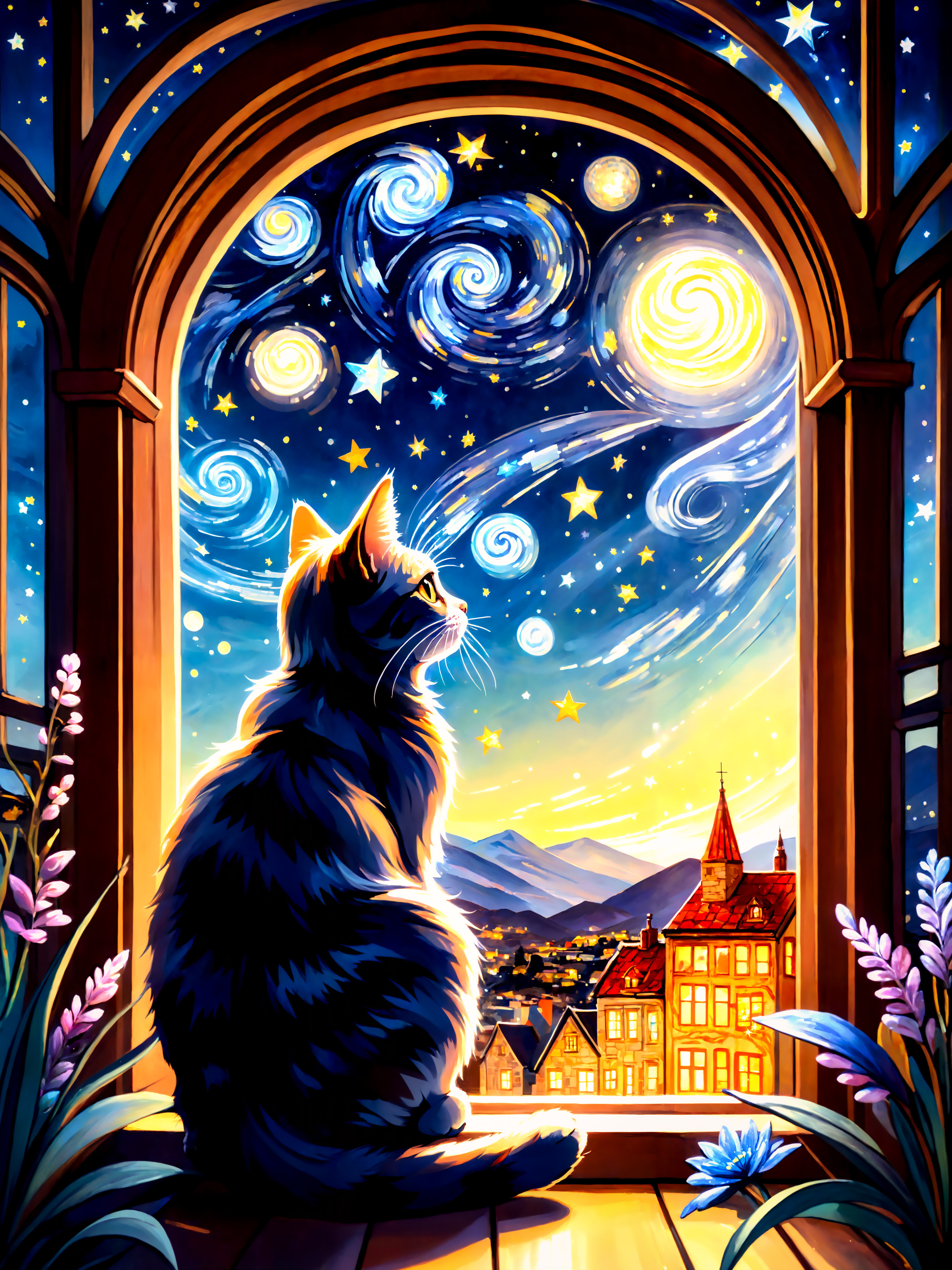 A cat looking at the stars through a window.