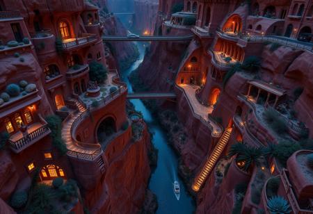 This is a city carved into the walls of a narrow red rock river valley.  The river has many tributaries, and meanders in many directions.  There are railed balconies and windows in the cliffs and several bridges that span the river at different heights.  There are boats and docks in the rivers, roads and doors along the shoreline, and an elevated freeway that runs in and out of various tunnels.  It is night and lights can be seen in windows, along roads, from cars, and on boats.  There are many desert plants and succulents on every ledge.  The buildings are ornate.  There is foliage everywhere.