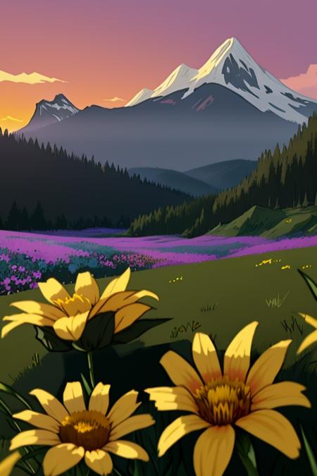 <lora:Invader Zim Style:1> invader_zim_style, sunset, mountains, flowers in meadow, expansive view, landscape, no humans