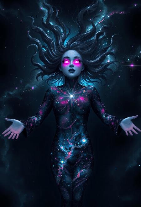 a woman floating in darkness. Her skin is like outer space with nebula, stars, and comets, Her eyes glow bright pink. Her arms are open welcoming.