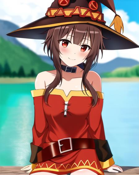 megumin, sitting at a lake