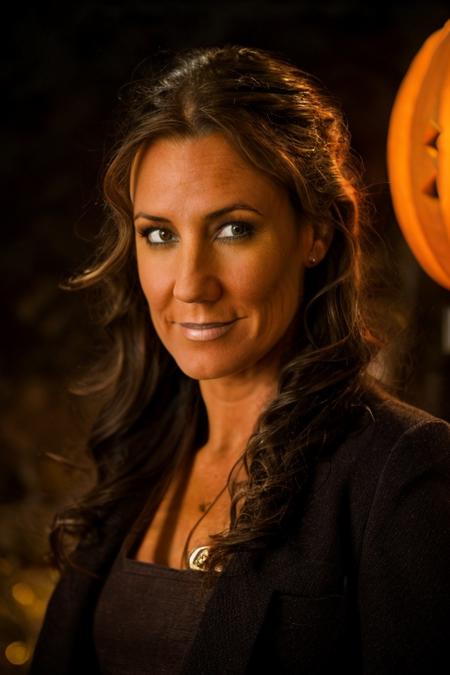 jack-o-lantern costume ,  windmill , dusk  <lora:Orla_Brady:1> masterpiece, best quality, detailed face,, 1girl, solo, a mature o1873b, brown_eyes, realistic, brown_hair, long_hair, posing,