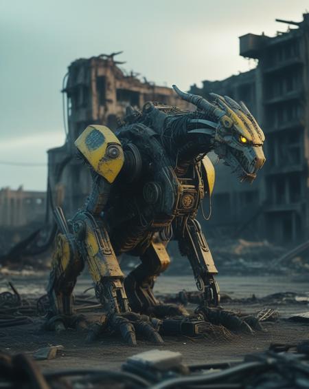 A cybernetic Dragon stands amidst ruins, with one side resembling a mechanical robot and the other side retaining its natural fur. The background is a desolate wasteland with crumbling buildings, rusted machinery, and a toxic yellow sky. Incorporate subtle details like glowing blue circuits, exposed wires, and worn leather straps to convey a sense of decay and technological overreach