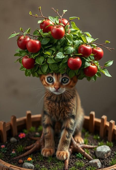 In a hyper-realistic image, an adorable kitten is re-imagined as a cute little tree. The bottom half of its body is made of bark, forming the sturdy base of the tree, while the top half is a vibrant green and covered in leaves, acting as the lush foliage. The tree cat stands firmly in a cat bed that resembles a miniature orchard, complete with tiny flowers and blades of grass. The bed is designed to look like a garden, with a small wooden fence and a few strategically placed rocks. The top half of the tree cat has branches sticking out, laden with the most delicious-looking apples you've ever seen. The apples are a deep red color and seem to glow with an inner light, as if they're ripe and ready to be picked. The branches are delicate and slender, with tiny leaves and twigs that add to the overall sense of realism. The tree cat's face is still recognizable as a kitten's, with big green eyes and a tiny pink nose. However, its features are subtly blended with the tree, creating a seamless transition between the two forms. The overall effect is one of whimsical wonder, as if the kitten has been transformed into a living, breathing tree. Highest-Quality, 4k, intricate details, visually stunning, Masterpiece