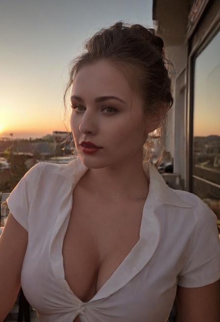 1girl, 18yo, collared shirt, forehead, hair updo, red lips, cleavage, backlight, sunset, nsfw, evening, cafe, wind, glossy sweaty skin,
highly complex, highly detailed, glowing, dramatic, ambient background, great light, quality, winning, highly contrasted, beautiful detailed