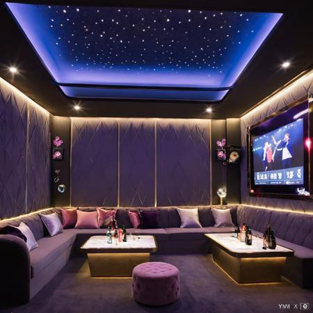 <lora:JJsKaraokeRoom_XL:1>,((Karaoke Room)), ((dramatic lighting)), Masterpiece, high quality, best quality, authentic, super detail ,  high quality, ceiling light,no humans, . night,  highly detailed, screen, sofa, table,