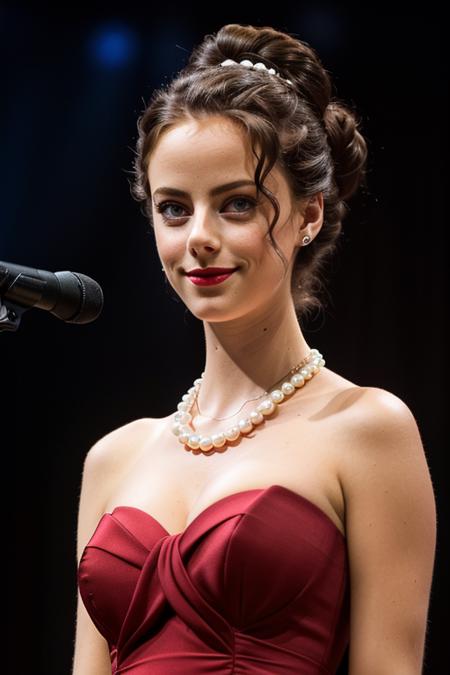 photo of a woman, kayas:0.99,((fancy dress, pearl necklace, fancy updo, hair up):1.1), ((on stage, spotlights):1.2), ((red lipstick, makeup)), (smile), ((best quality, masterpiece, extreme details, high resolution):1.2),((detailed eyes, beautiful eyes, detailed face, beautiful face):1.2)